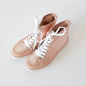 EUC Nine West shiny effect rose gold faux leather, suede high top sneakers, 6